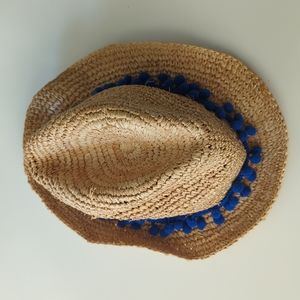 Tracy Watts summer straw fedora style hat with royal blue pom pom hat band